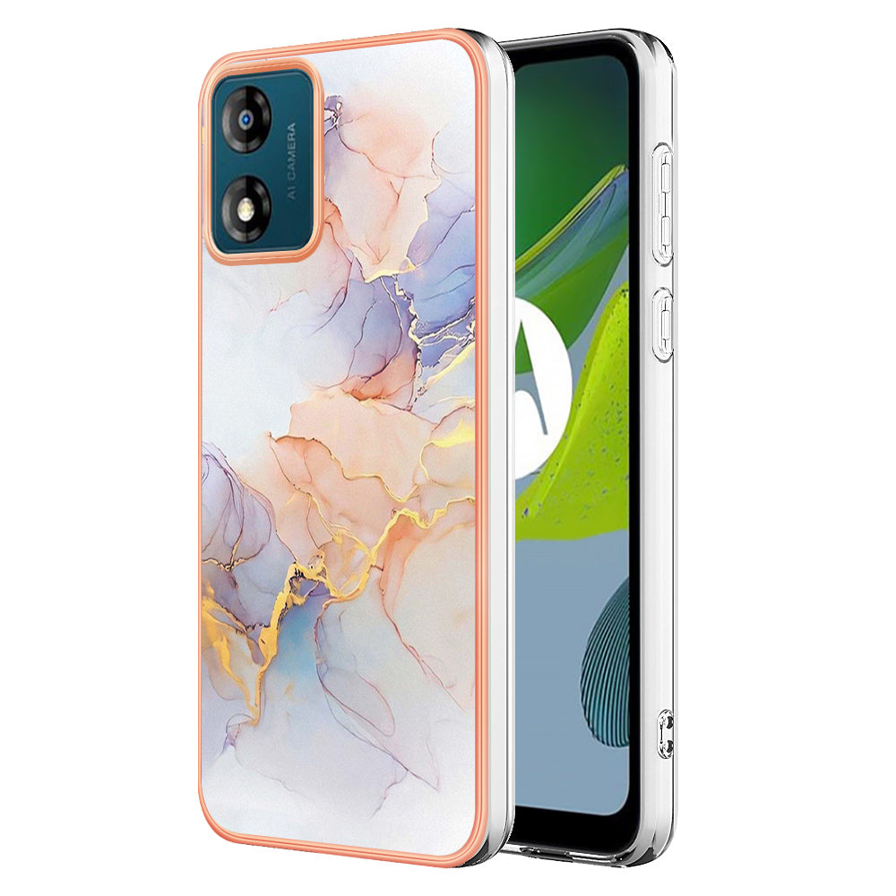 YB IMD Series-1 for Motorola Moto E13 4G Electroplating Phone Case Marble Floral Pattern TPU IMD Cover