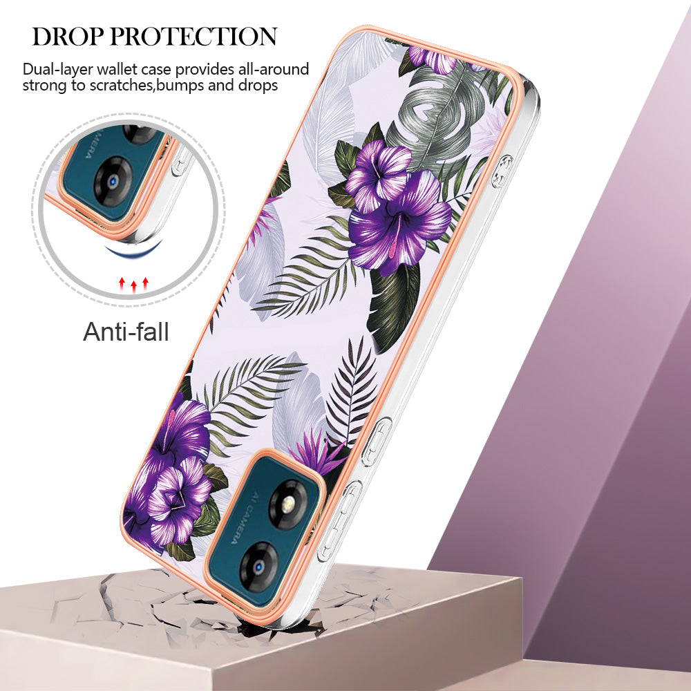YB IMD Series-1 for Motorola Moto E13 4G Electroplating Phone Case Marble Floral Pattern TPU IMD Cover