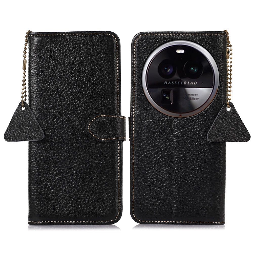 Litchi Texture Cover for Oppo Find X6 , RFID Blocking Phone Wallet Case Genuine Cow Leather Stand Shell