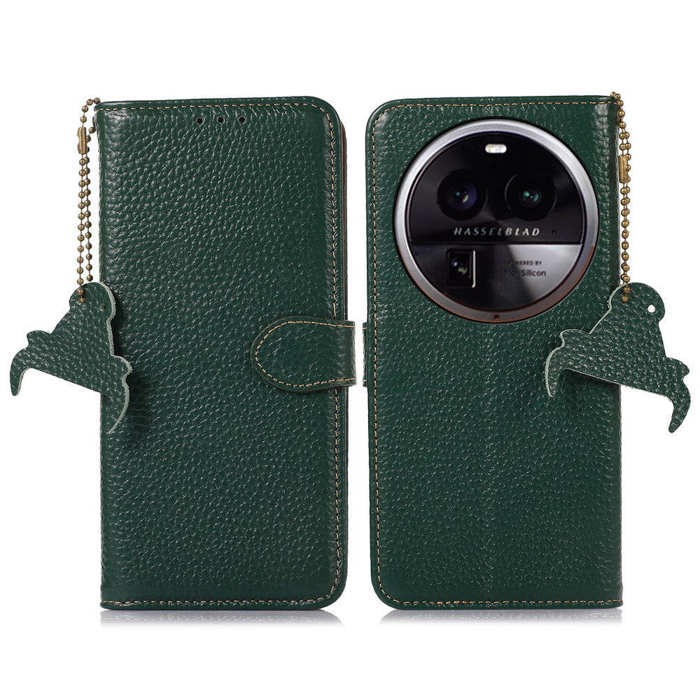 Litchi Texture Cover for Oppo Find X6 , RFID Blocking Phone Wallet Case Genuine Cow Leather Stand Shell