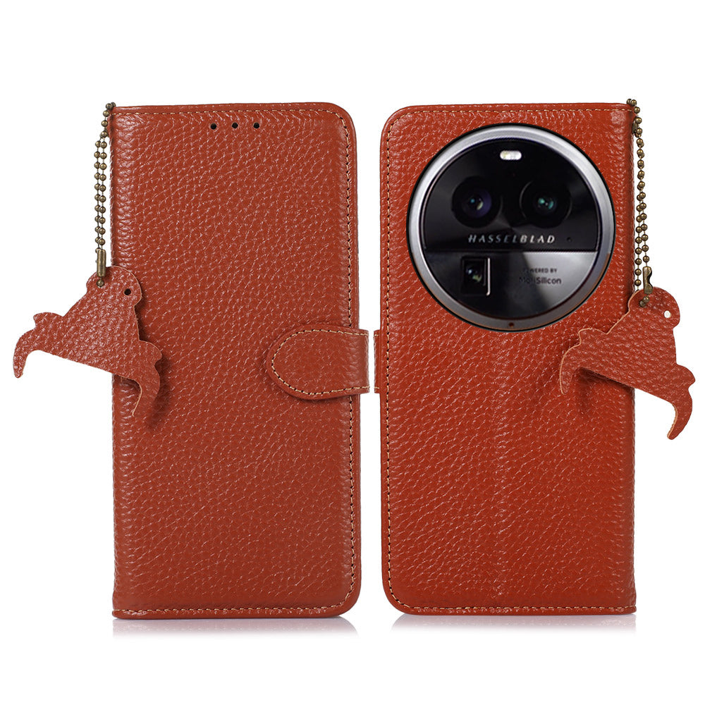 Litchi Texture Cover for Oppo Find X6 , RFID Blocking Phone Wallet Case Genuine Cow Leather Stand Shell