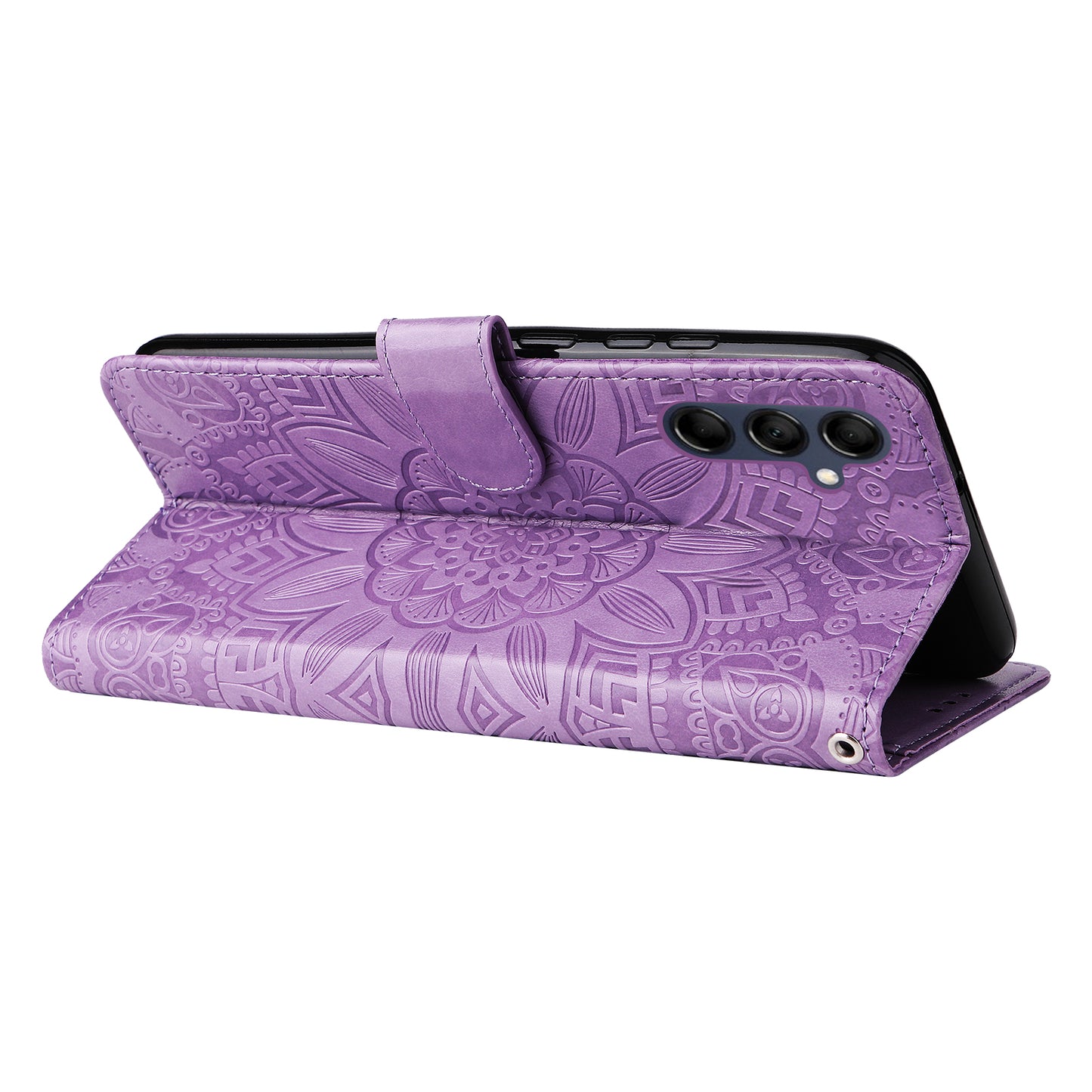 For Samsung Galaxy M14 5G Sunflower Imprinted Phone Wallet Case PU Leather Stand Cover with Strap