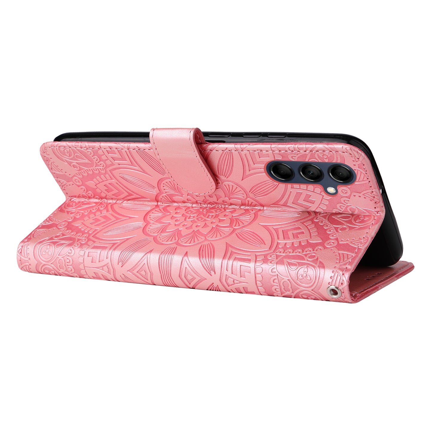 For Samsung Galaxy M14 5G Sunflower Imprinted Phone Wallet Case PU Leather Stand Cover with Strap