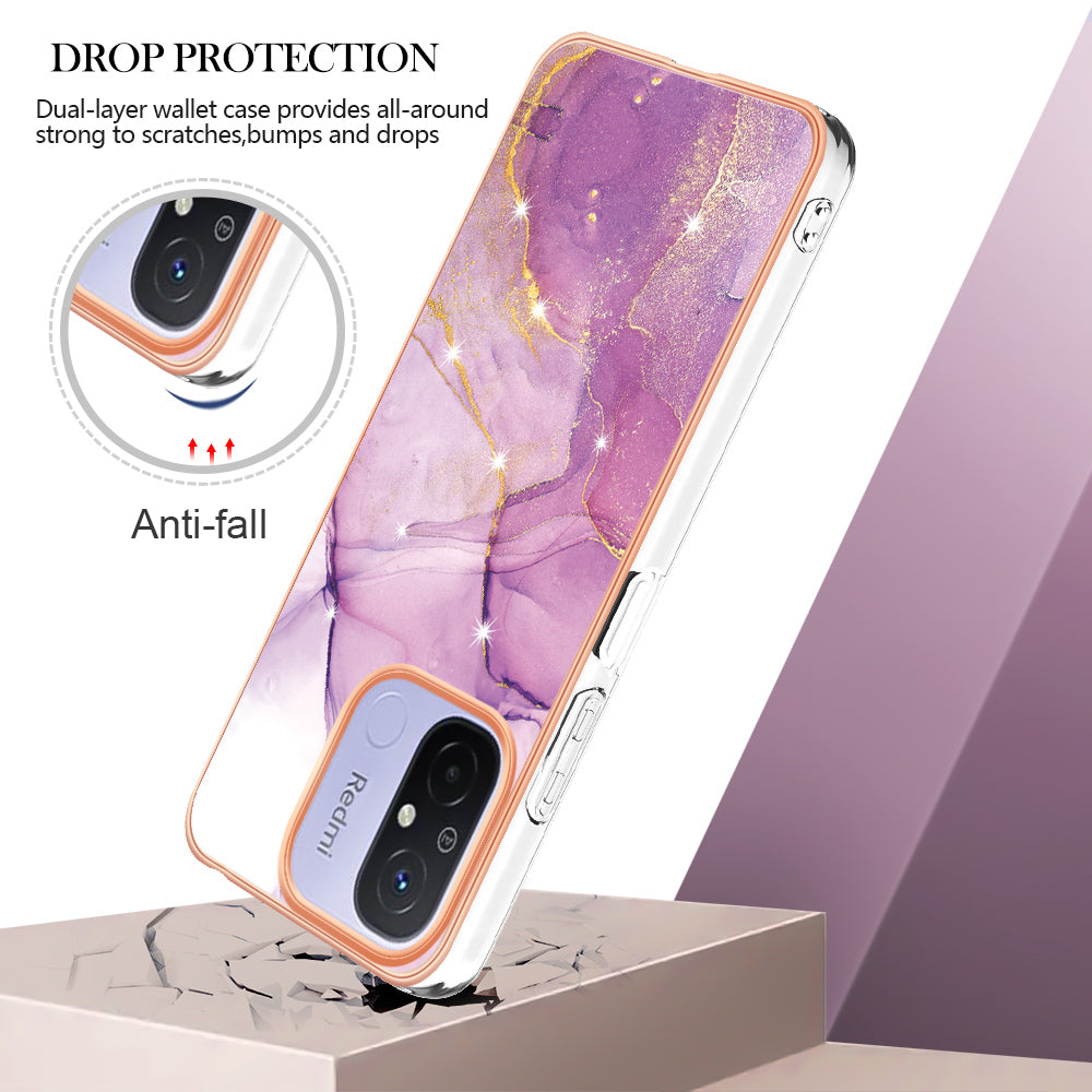 YB IMD Series-2 IMD TPU Case for Xiaomi Redmi 11A 4G / 12C 4G Electroplating Anti-scratch Marble Pattern Cover