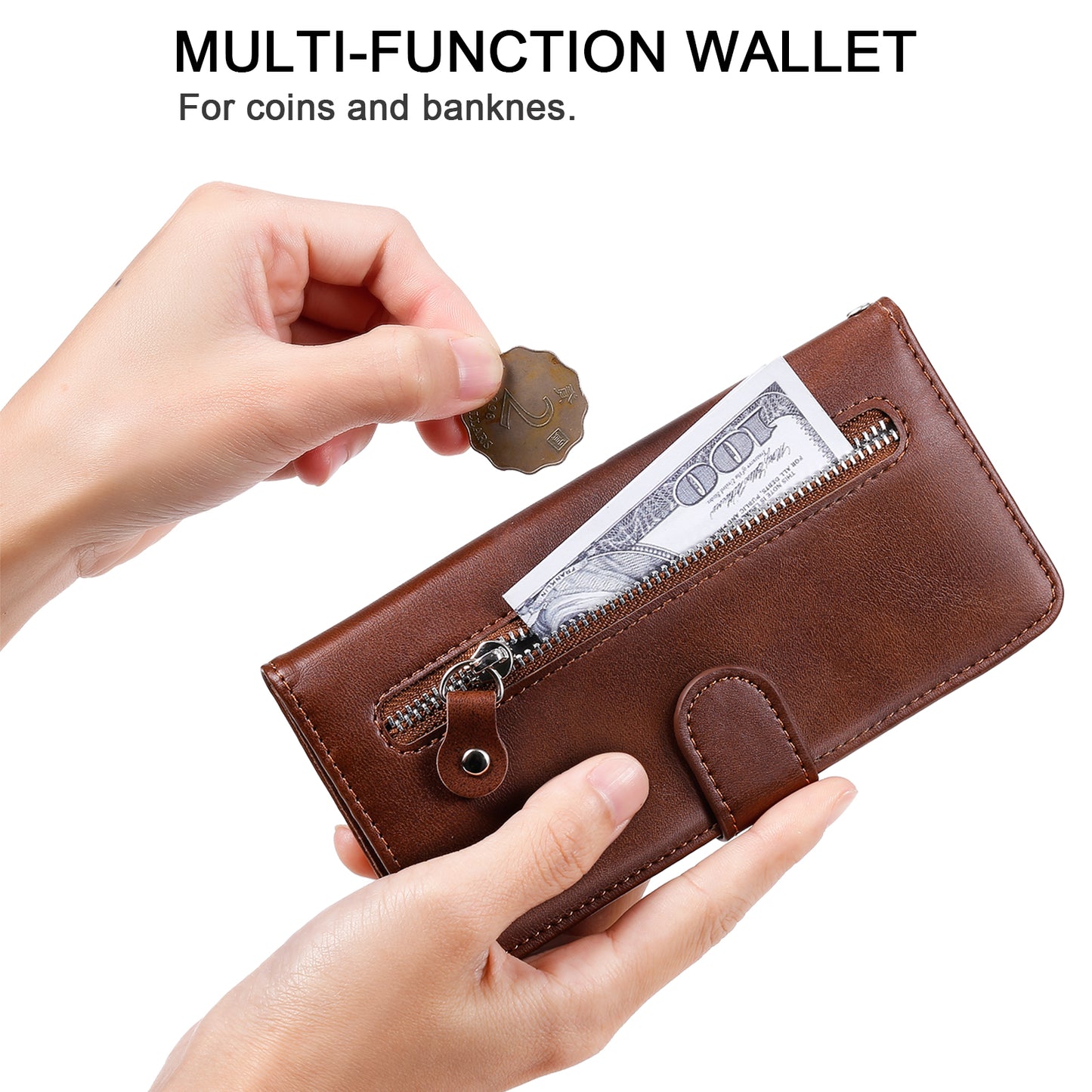Wallet Phone Cover for Honor Magic5 Pro PU Leather Case Zipper Pocket Calf Texture Stand Shell