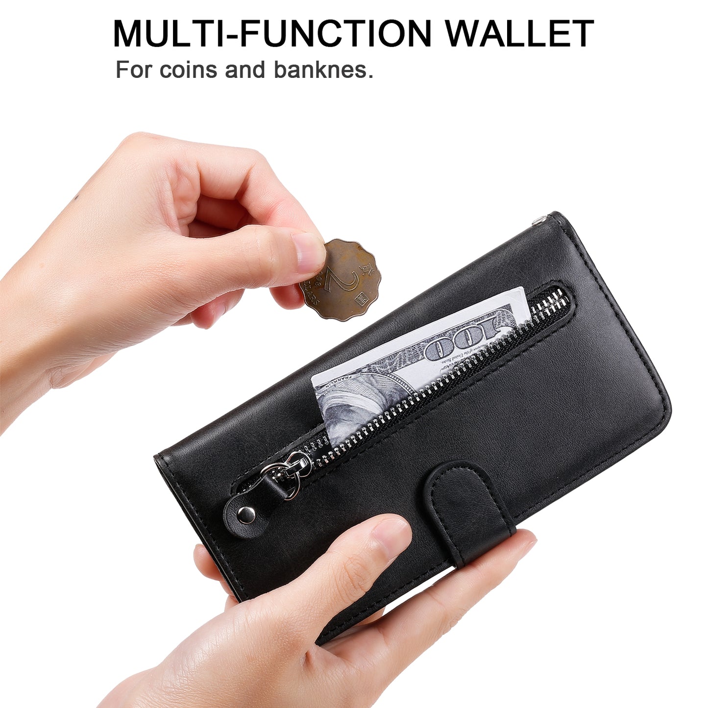 Wallet Phone Cover for Honor Magic5 Pro PU Leather Case Zipper Pocket Calf Texture Stand Shell