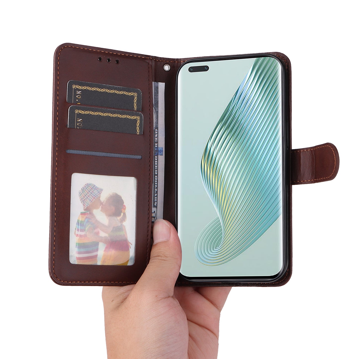 For Honor Magic5 Pro Calf Texture Phone Shell Stand Phone Case Leather Phone Cover with Strap