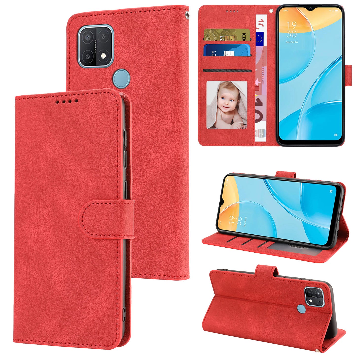 For Oppo A15s / A15 / A35 PU Leather Wallet Case Viewing Stand Magnetic Flip Phone Cover with Strap