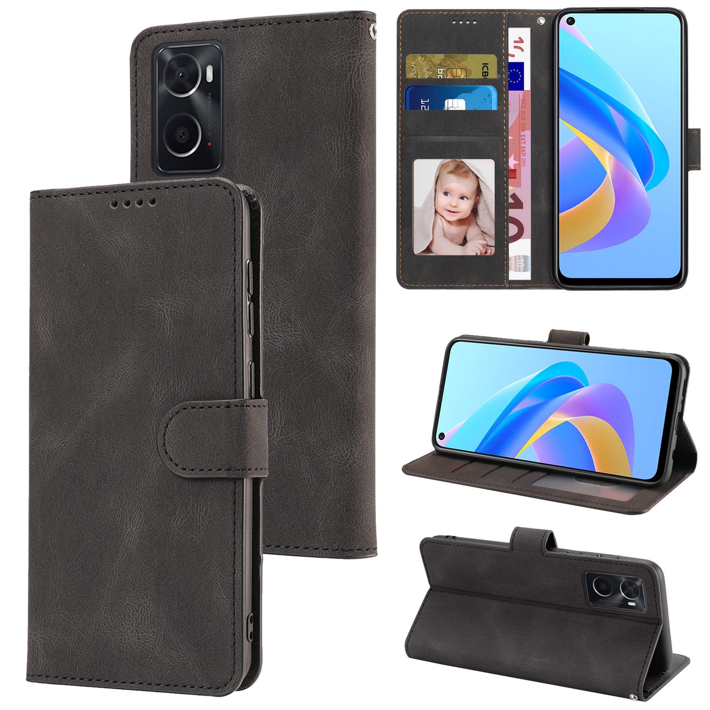 For Oppo A36 / A76 / A96 4G / Realme 9i 4G Leather Phone Case Wallet Stand Flip Phone Cover