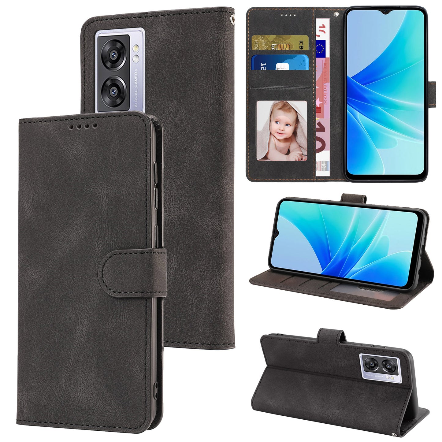 Leather Phone Case for Oppo A57 (2022) 5G / A77 5G / A97 5G / Realme Q5i / V23 5G / Narzo 50 5G / OnePlus Nord N300 5G , Wallet Stand Flip Cover