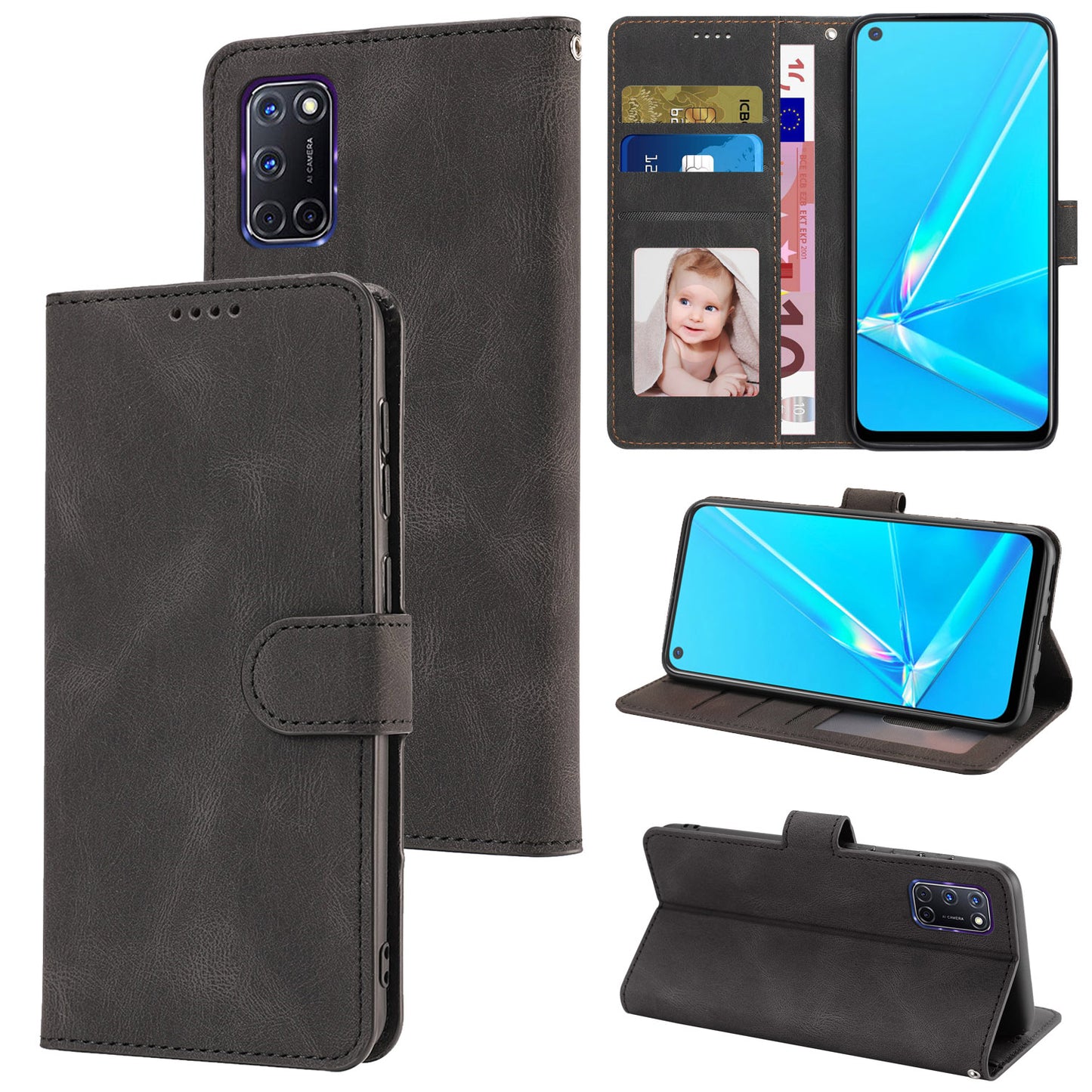 For Oppo A72 / A52 / A92 4G Wallet Phone Case PU Leather Stand Shockproof Flip Cover with Strap