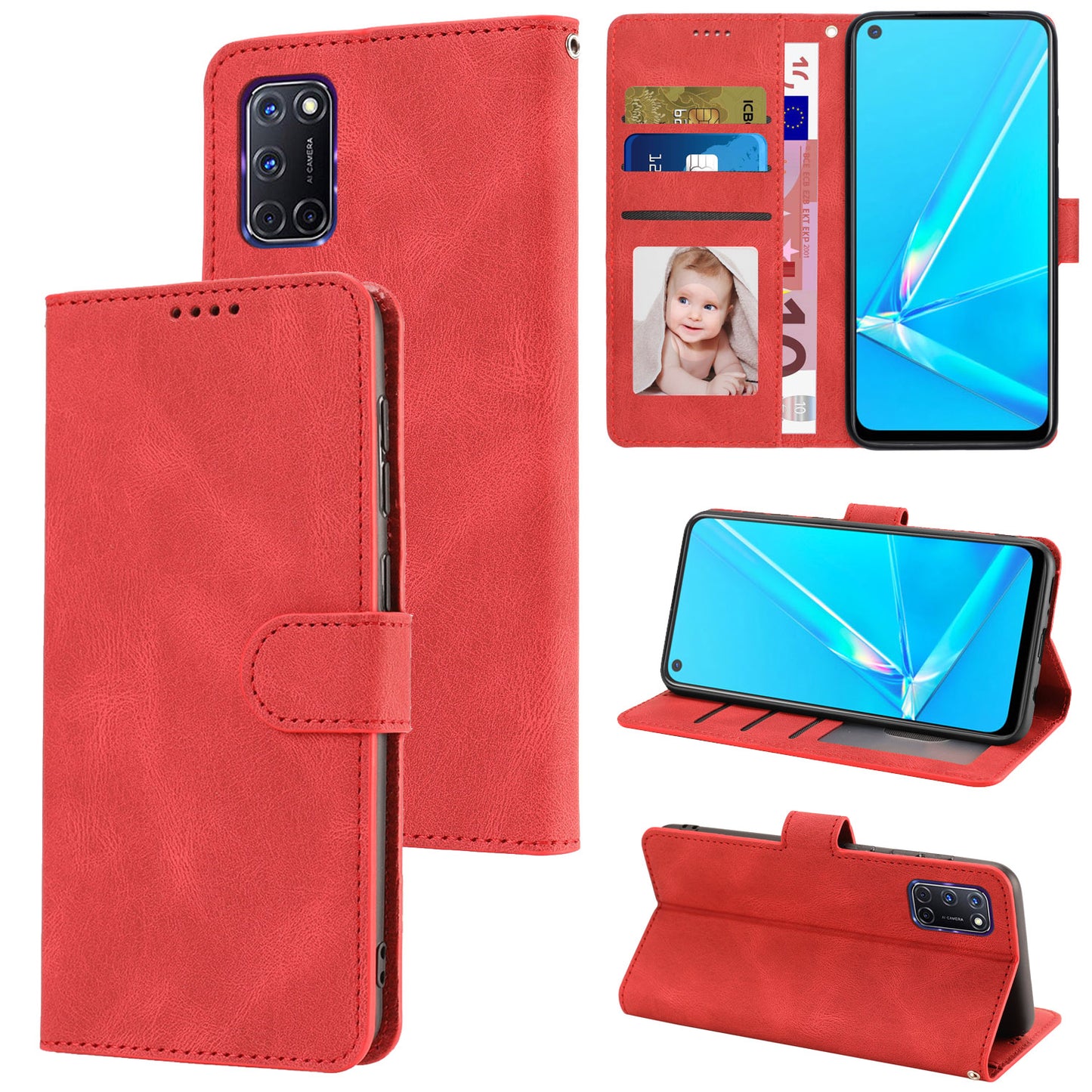 For Oppo A72 / A52 / A92 4G Wallet Phone Case PU Leather Stand Shockproof Flip Cover with Strap