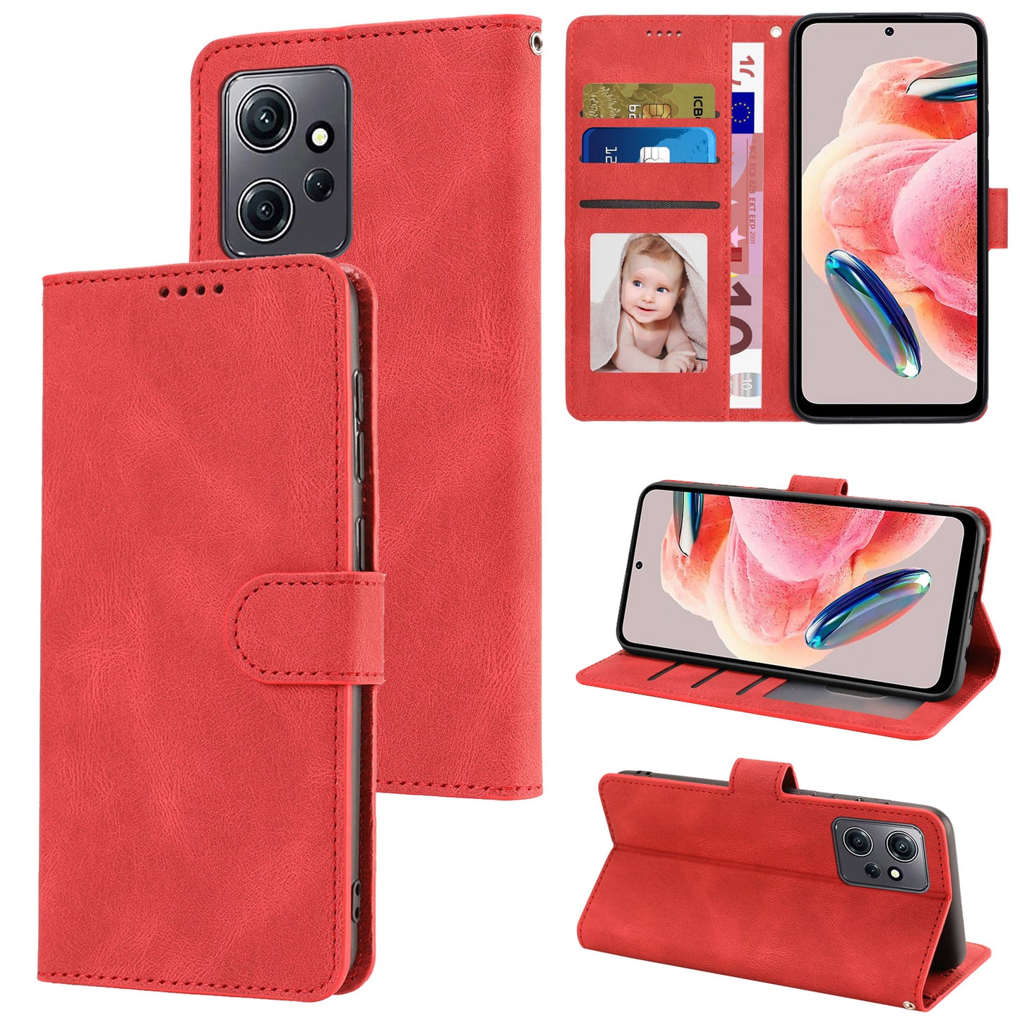 For Xiaomi Redmi Note 12 4G PU Leather Folio Flip Cover Magnetic Closure Wallet Stand Phone Case