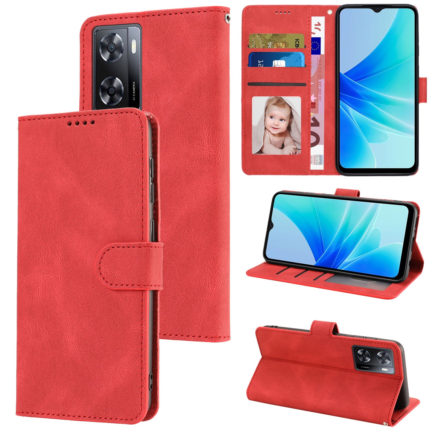 PU Leather Case for Oppo A57 4G / A77 4G / A57s 4G / A57e 4G / A77s 4G / OnePlus Nord N20 SE 4G , Wallet Stand Flip Phone Cover