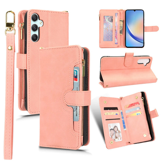 For Samsung Galaxy A34 5G Zipper Pocket Phone Wallet Case Cellphone Cover with 2 Straps