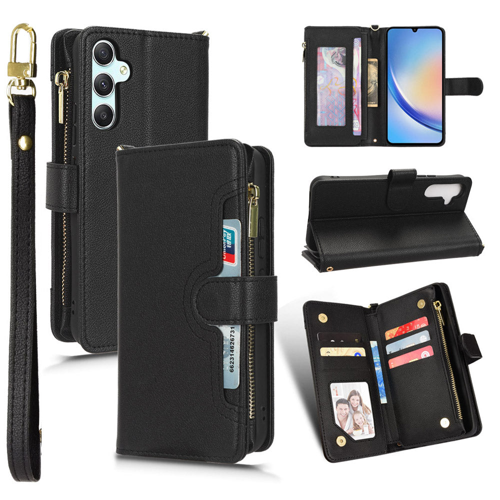 For Samsung Galaxy A34 5G Zipper Pocket Phone Wallet Case Cellphone Cover with 2 Straps