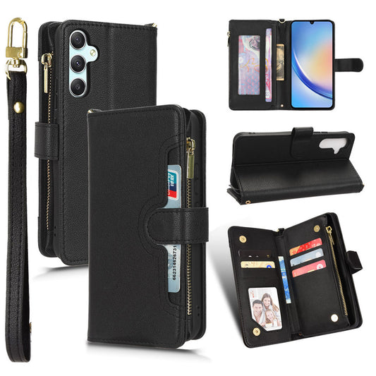 For Samsung Galaxy A34 5G Zipper Pocket Phone Wallet Case Cellphone Cover with 2 Straps