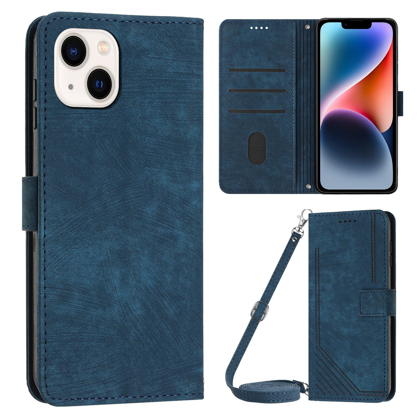 For iPhone 14 Plus Flip Folio Cover PU Leather Lines Imprinted Stand Crossbody Wallet Phone Case