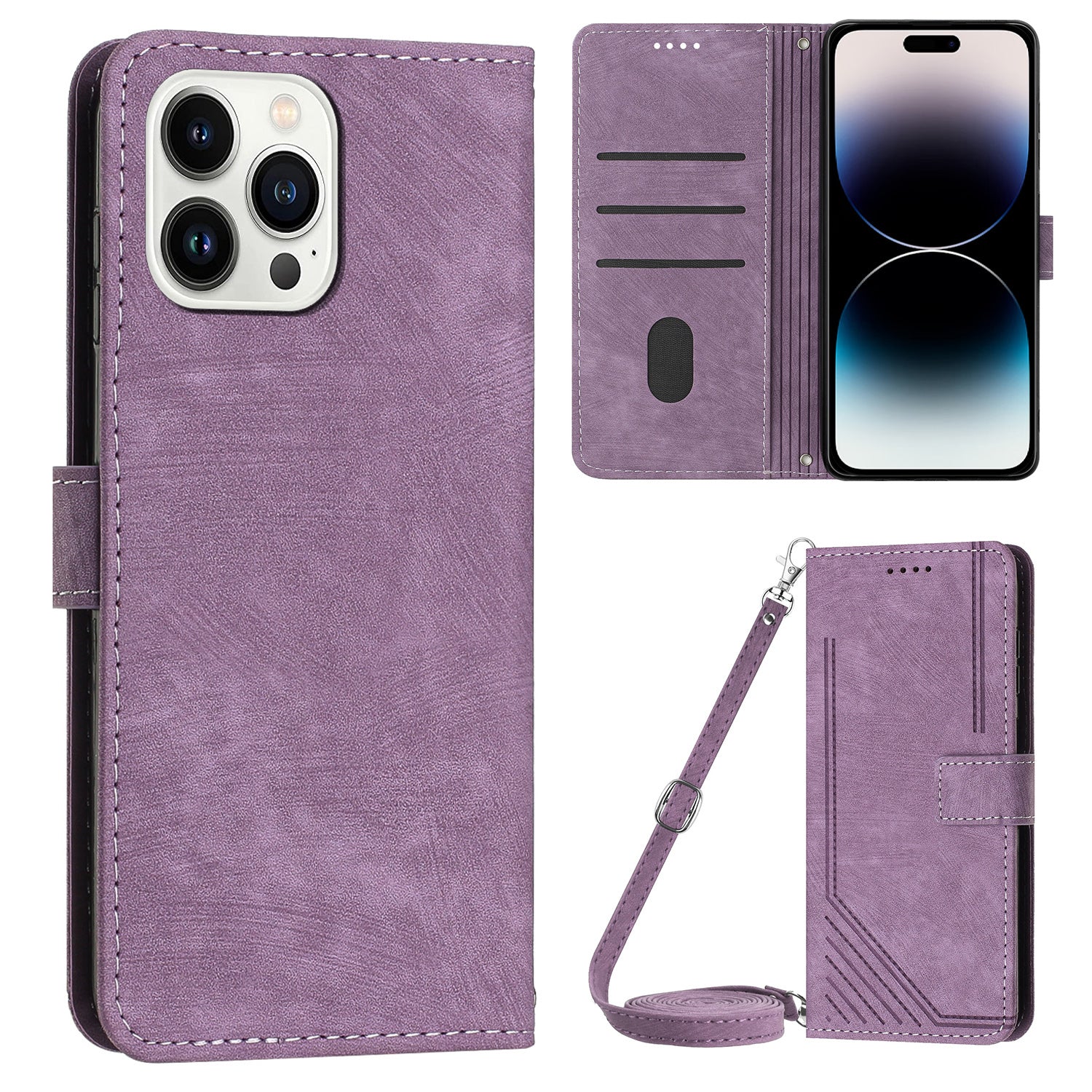 For iPhone 14 Pro PU Leather Skin-touch Protective Cover Lines Imprinted Wallet Stand Folio Phone Case