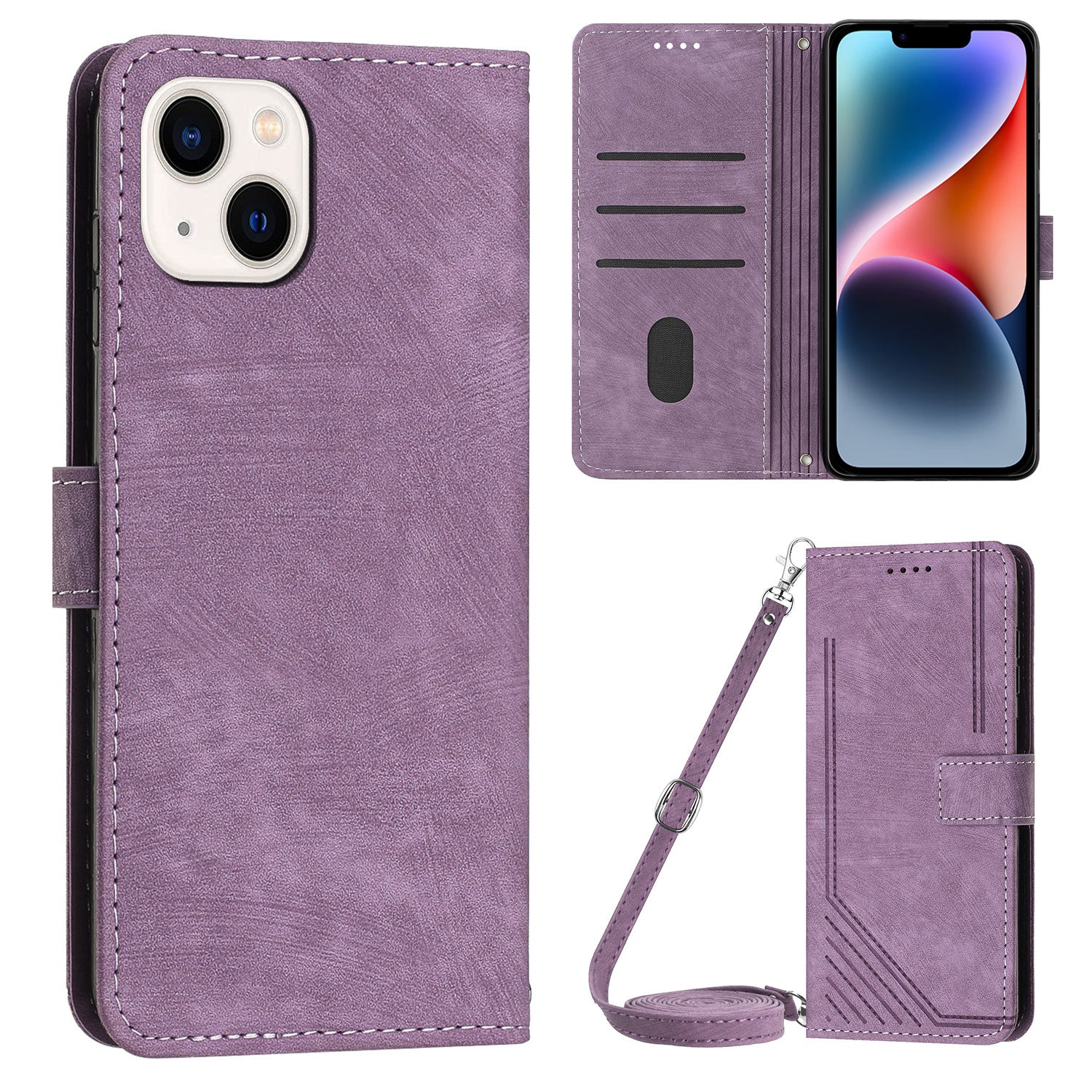 For iPhone 14 / 13 6.1 inch PU Leather Phone Case Stand Lines Imprinted Skin-touch Wallet Cover