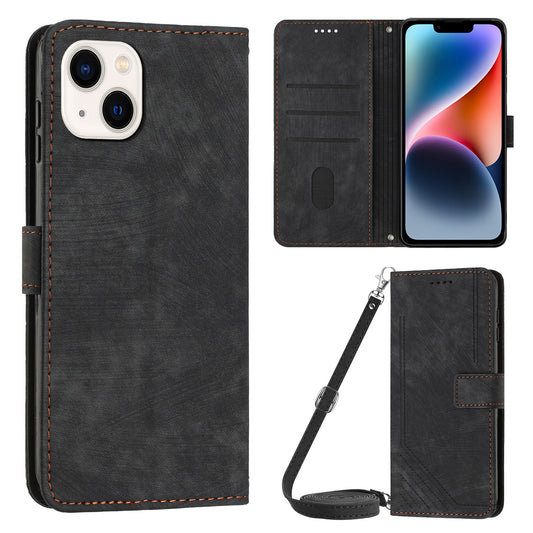 For iPhone 14 / 13 6.1 inch PU Leather Phone Case Stand Lines Imprinted Skin-touch Wallet Cover