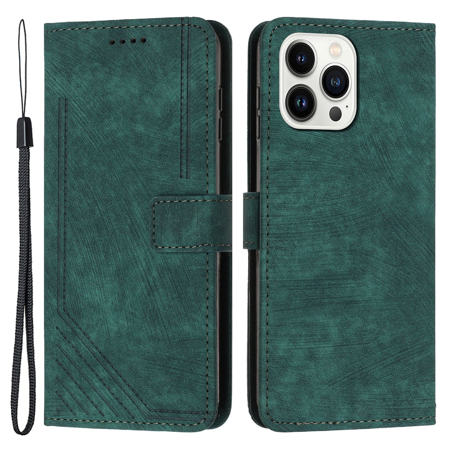 For iPhone 14 Pro Skin-touch Leather Phone Case Lines Imprinted Wallet Stand Cover
