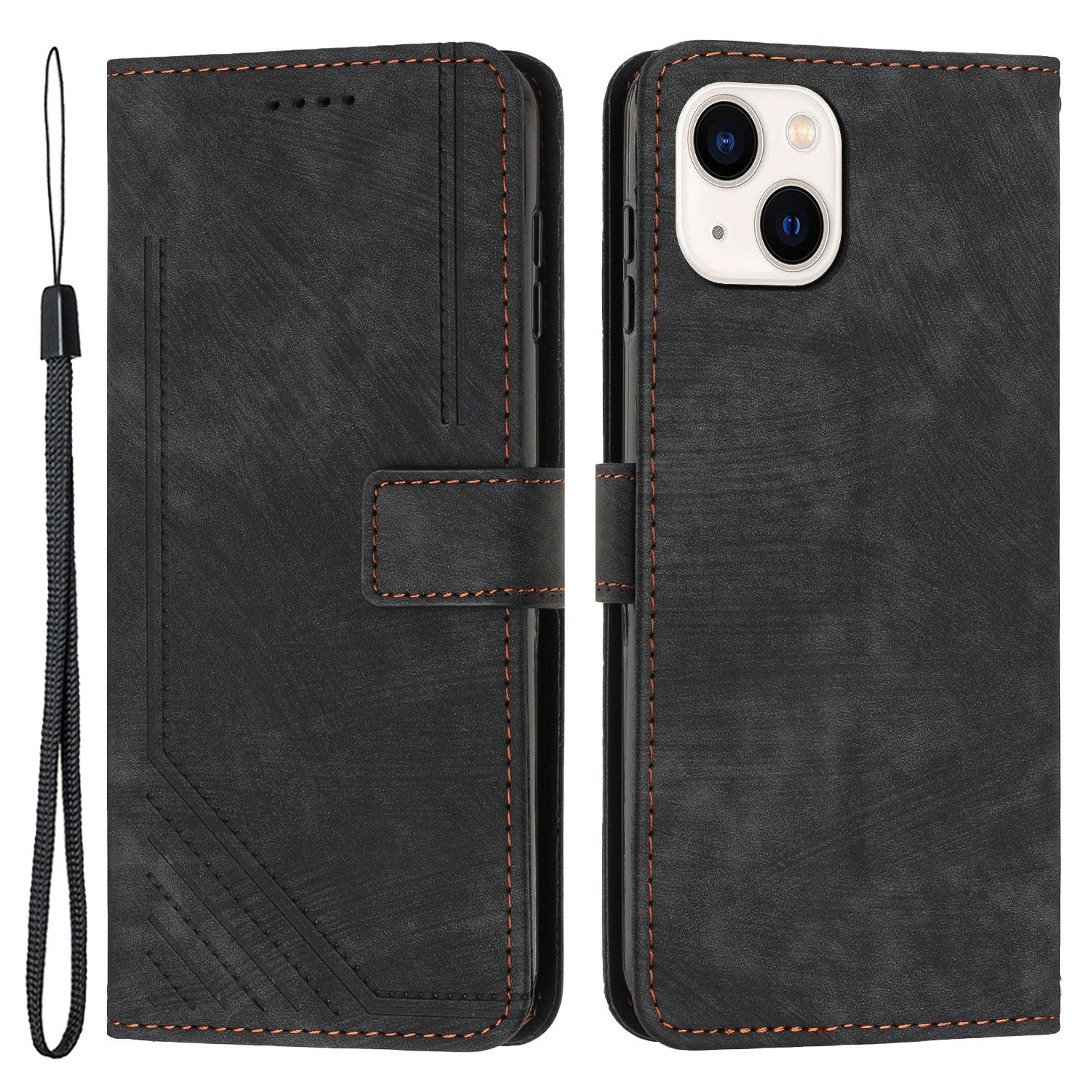 For iPhone 14 Plus PU Leather Phone Stand Case Skin-touch Wallet Lines Imprinted Cover