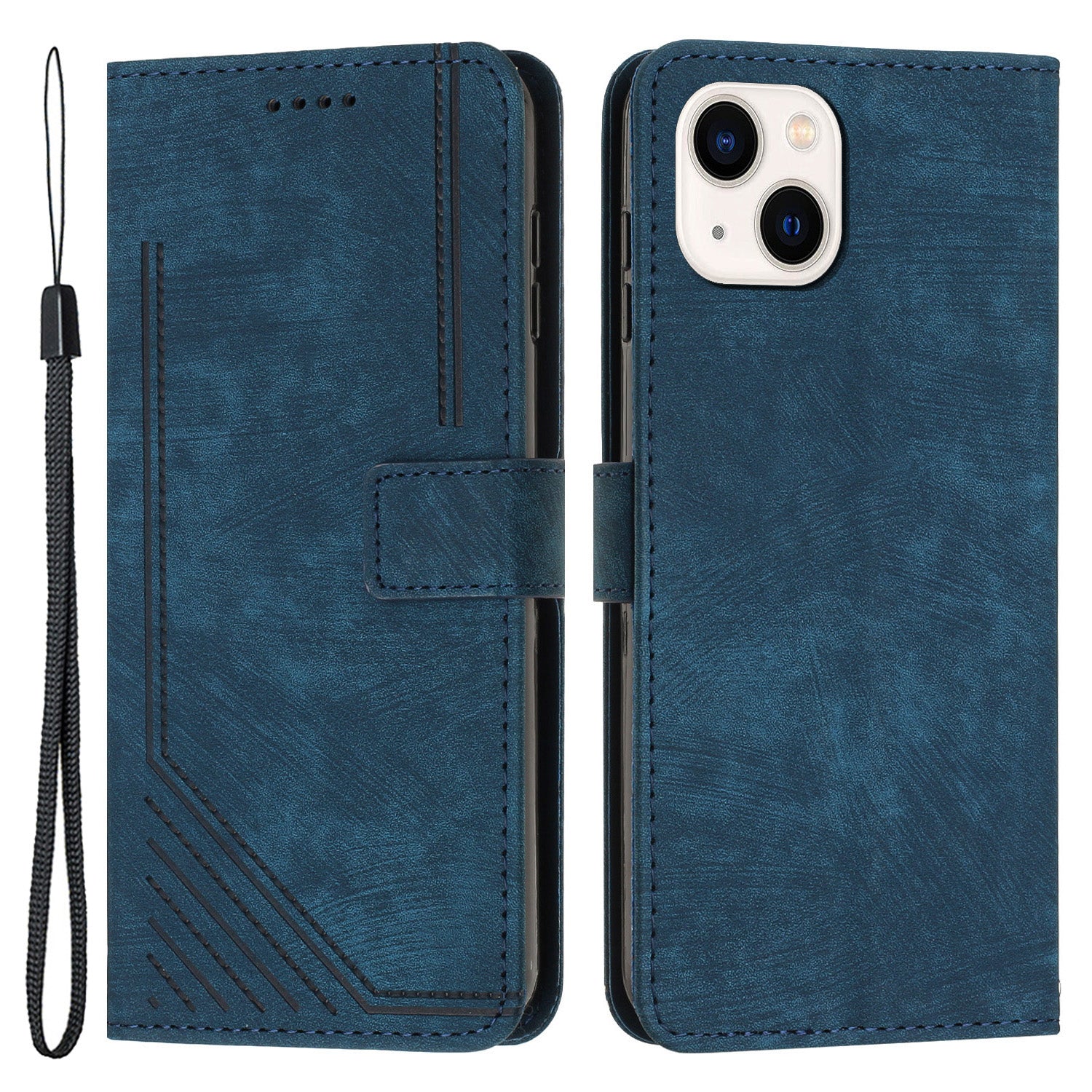 For iPhone 14 Plus PU Leather Phone Stand Case Skin-touch Wallet Lines Imprinted Cover