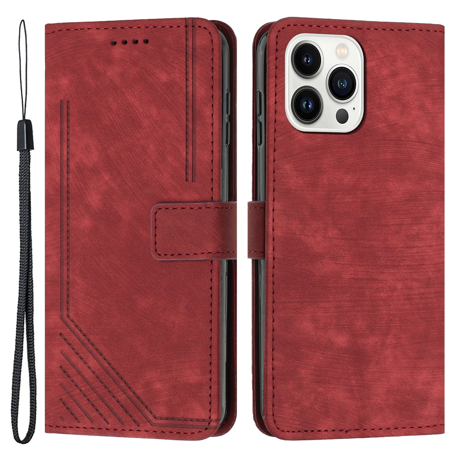 For iPhone 13 Pro Max Skin-touch Leather Case Stand Lines Imprinted Phone Wallet Cover