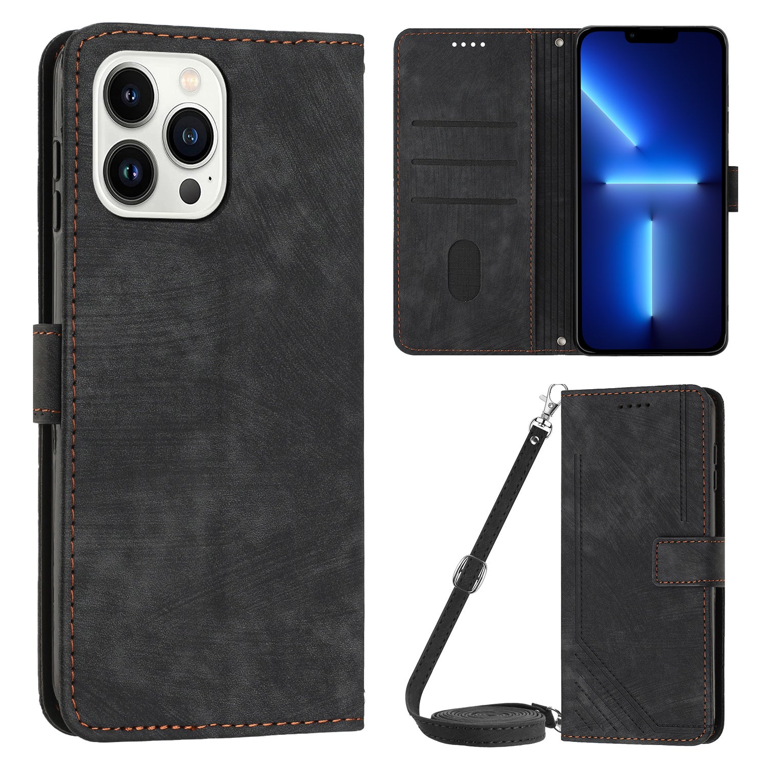 For iPhone 13 Pro Max 6.7 inch PU Leather Wallet Case Lines Imprinted Stand Phone Cover with Long Strap