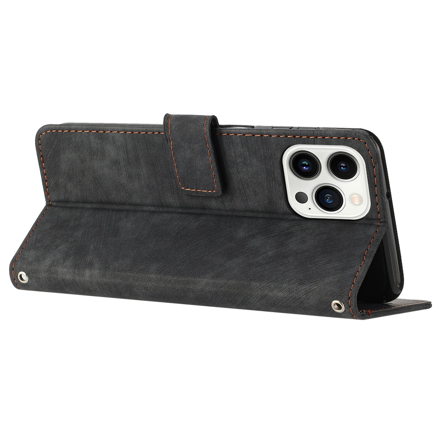 For iPhone 13 Pro Max 6.7 inch PU Leather Wallet Case Lines Imprinted Stand Phone Cover with Long Strap