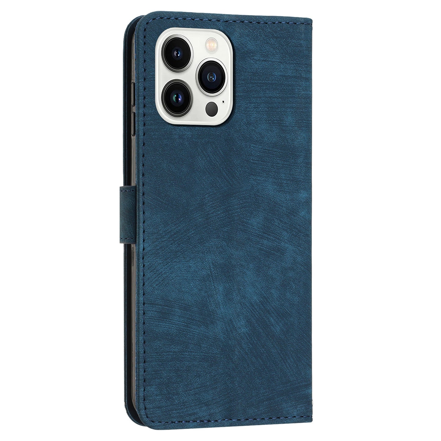 For iPhone 13 Pro Max 6.7 inch PU Leather Wallet Case Lines Imprinted Stand Phone Cover with Long Strap