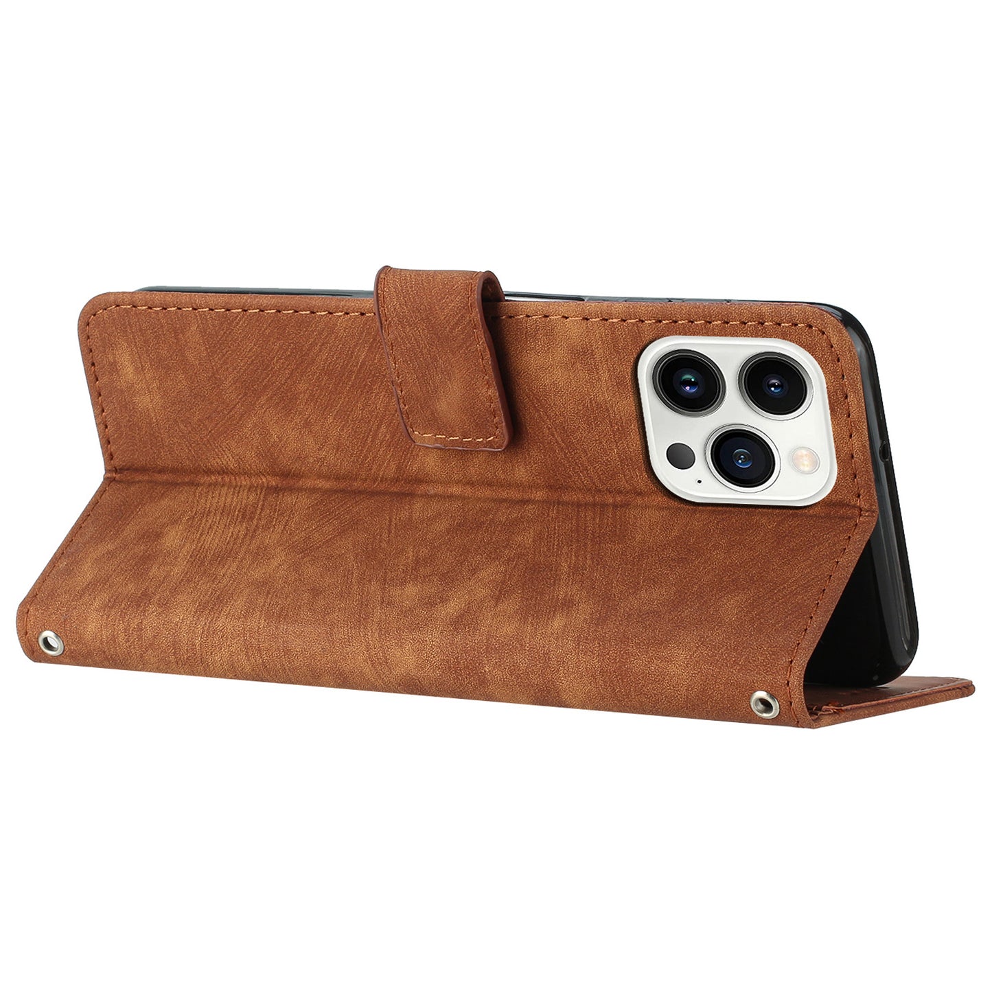 For iPhone 13 Pro Max 6.7 inch PU Leather Wallet Case Lines Imprinted Stand Phone Cover with Long Strap