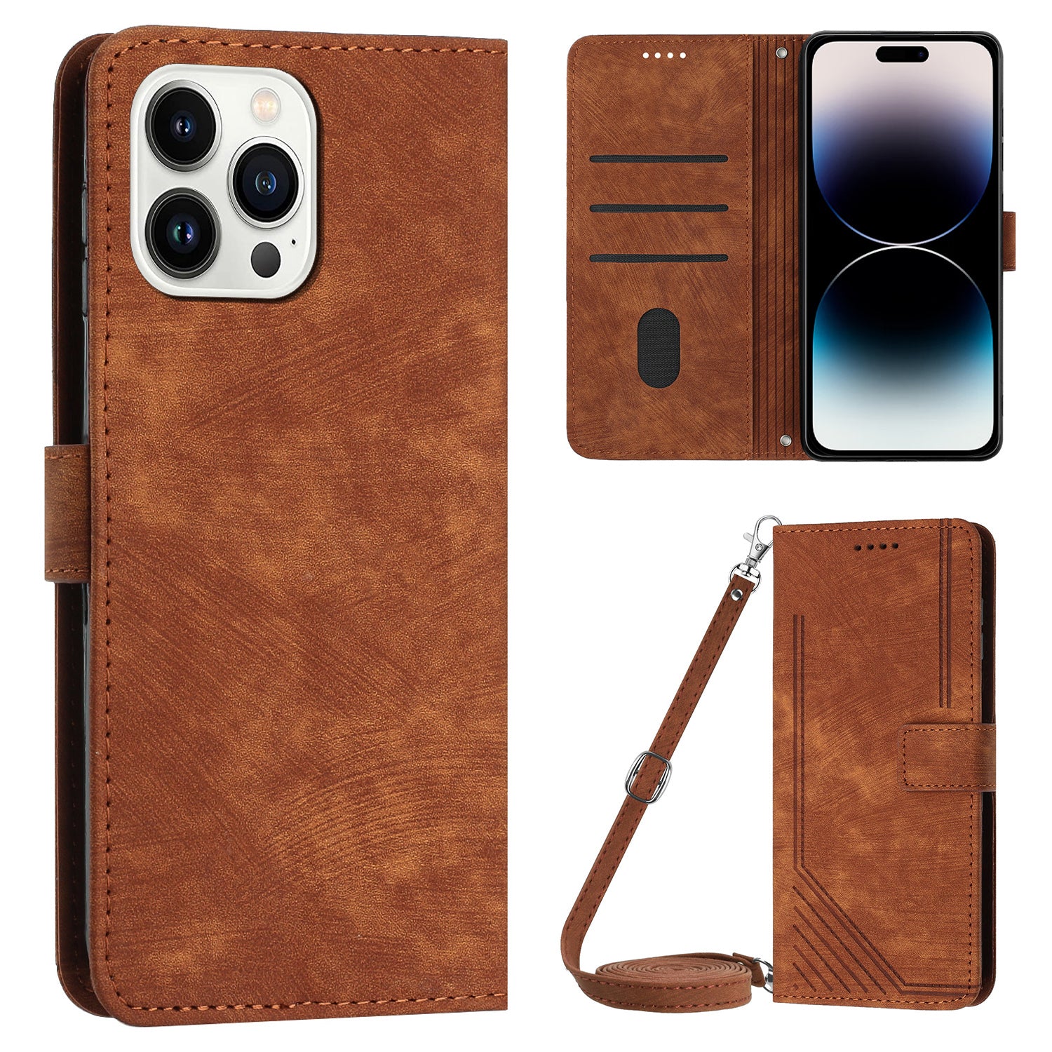 For iPhone 14 Pro Max Wallet Phone Case PU Leather Stand Lines Imprinted Phone Cover with Shoulder Strap