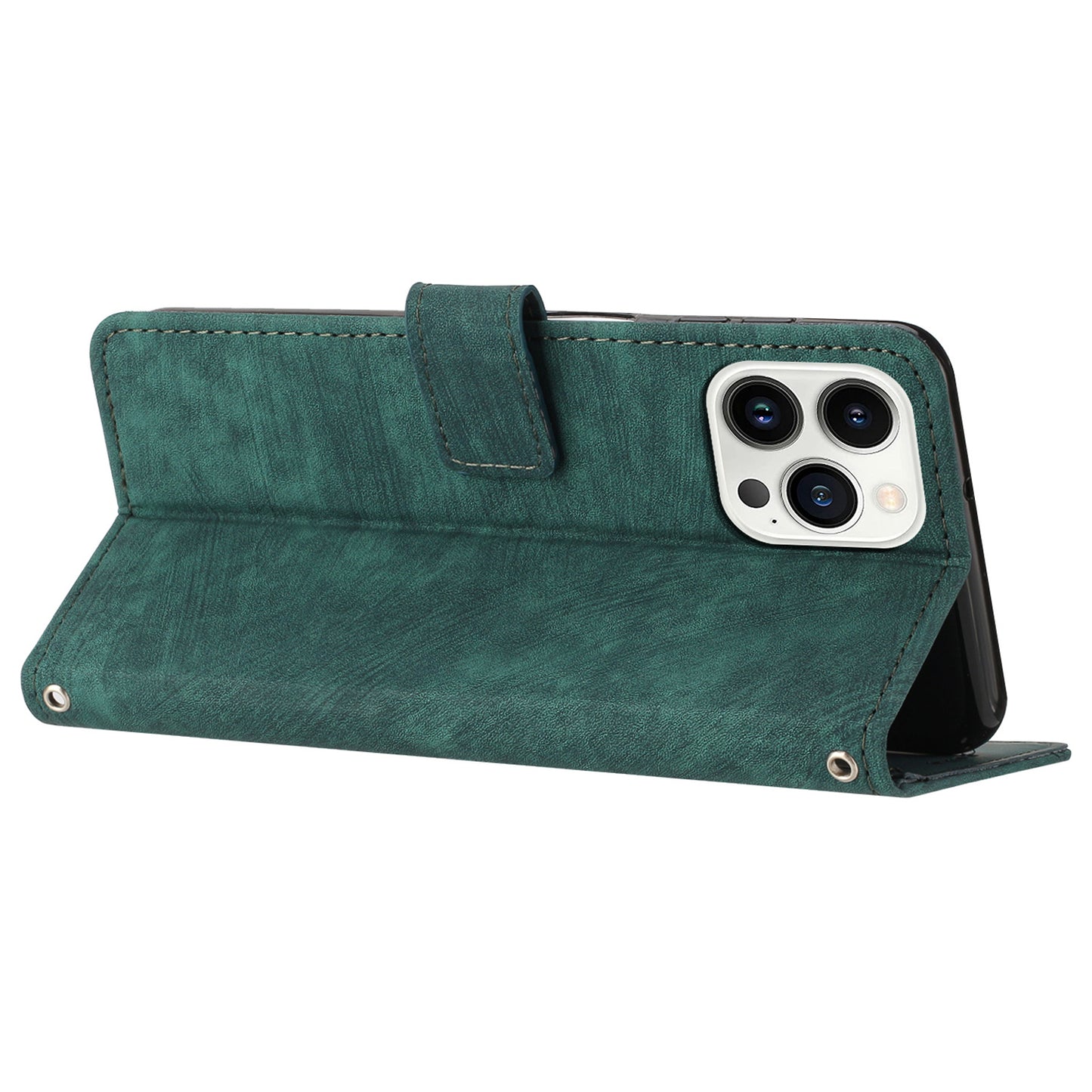 For iPhone 14 Pro Max Wallet Phone Case PU Leather Stand Lines Imprinted Phone Cover with Shoulder Strap