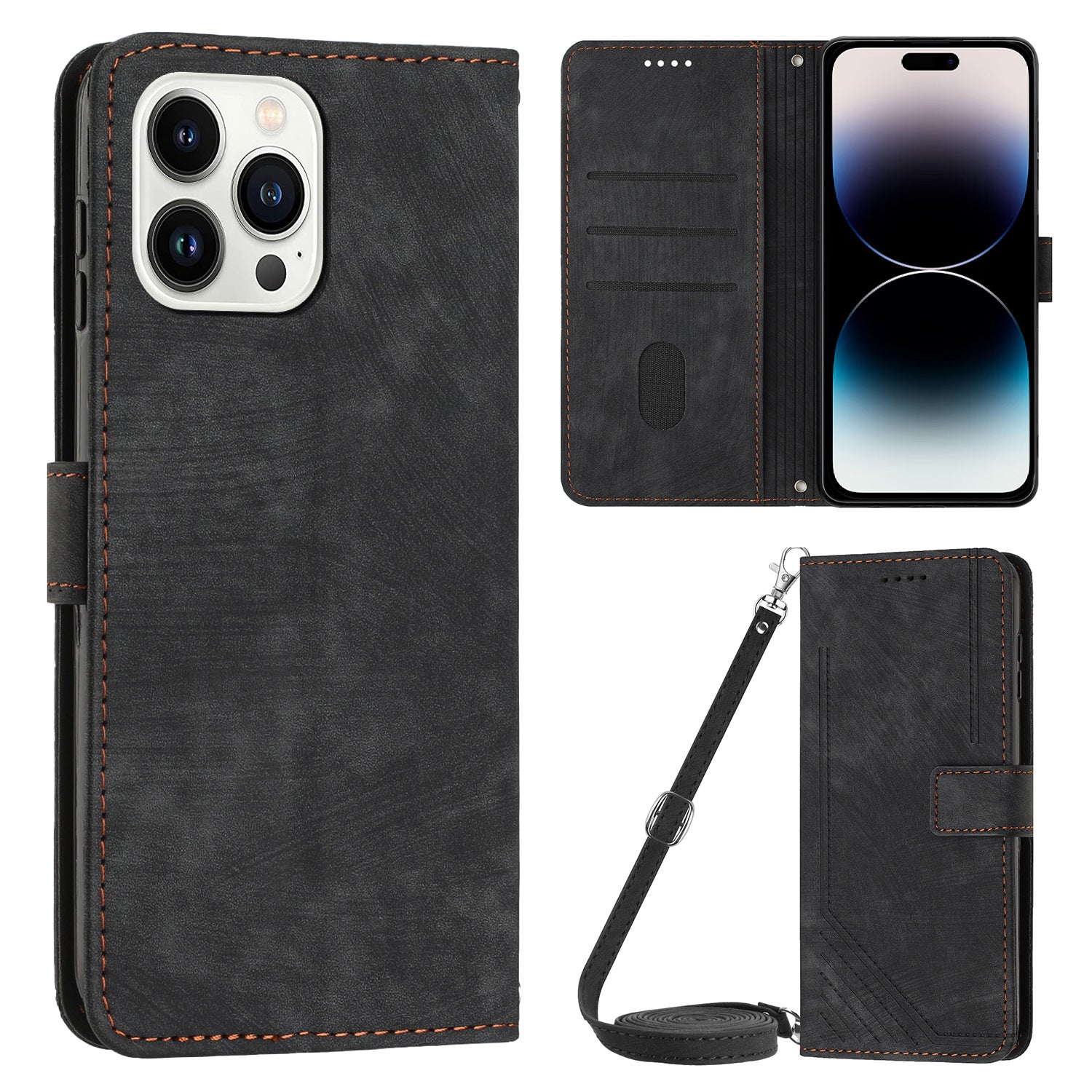 For iPhone 14 Pro Max Wallet Phone Case PU Leather Stand Lines Imprinted Phone Cover with Shoulder Strap