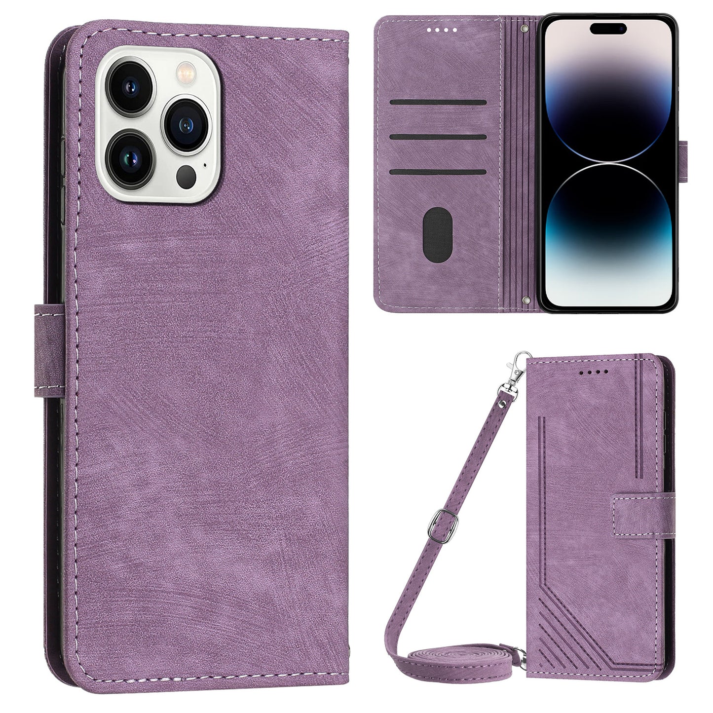 For iPhone 14 Pro Max Wallet Phone Case PU Leather Stand Lines Imprinted Phone Cover with Shoulder Strap
