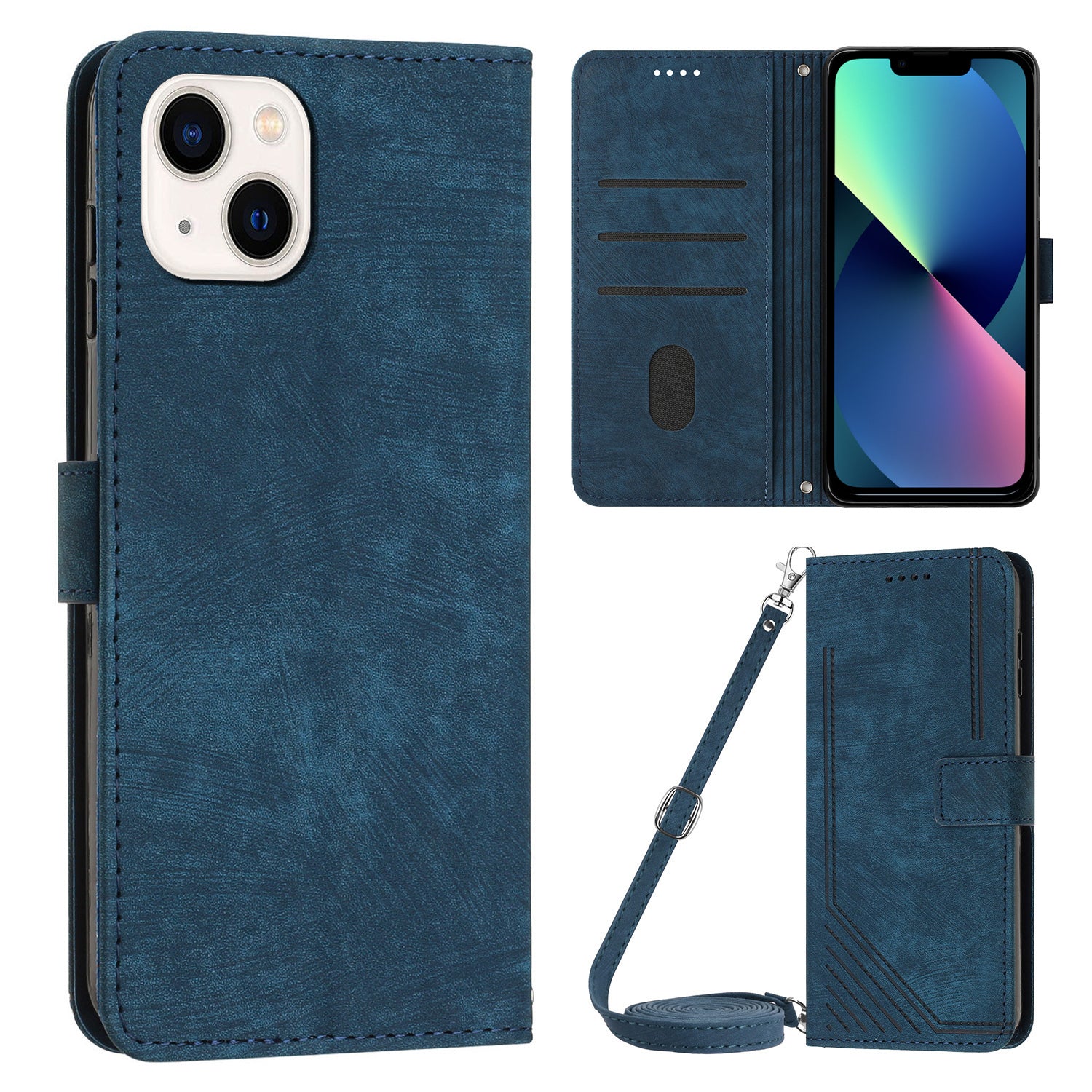 For iPhone 13 mini 5.4 inch PU Leather Flip Folio Case Lines Imprinted Stand Wallet Phone Cover