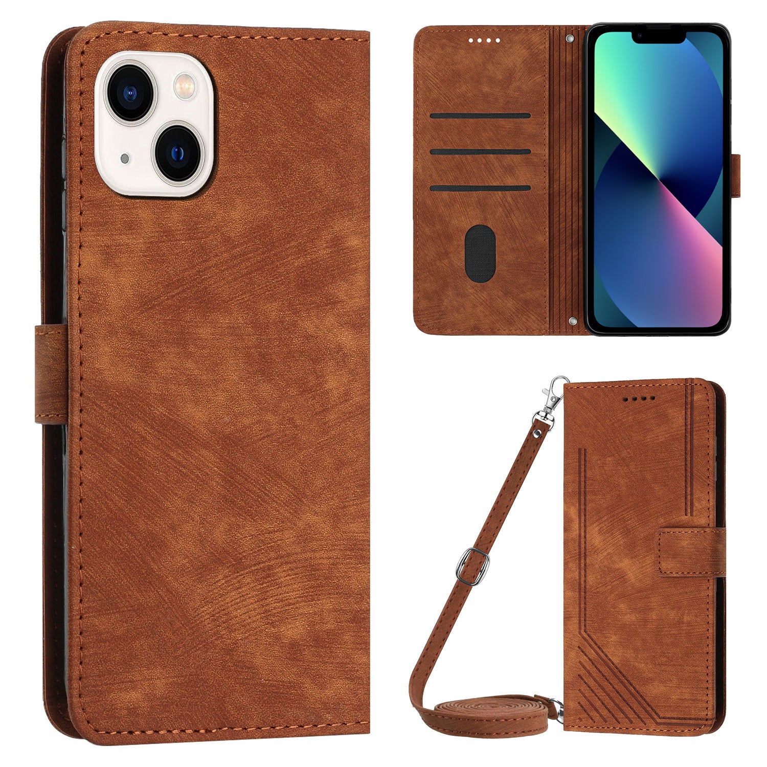 For iPhone 13 mini 5.4 inch PU Leather Flip Folio Case Lines Imprinted Stand Wallet Phone Cover