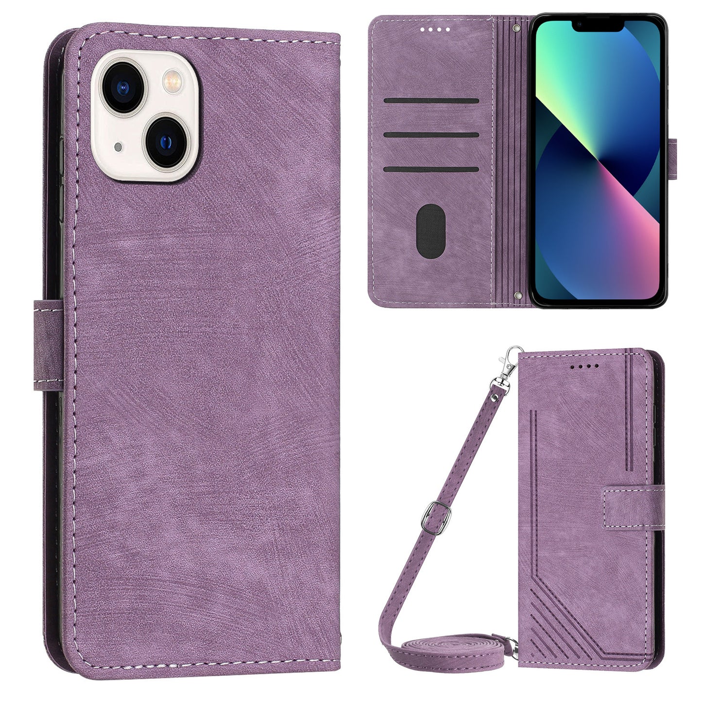 For iPhone 13 mini 5.4 inch PU Leather Flip Folio Case Lines Imprinted Stand Wallet Phone Cover