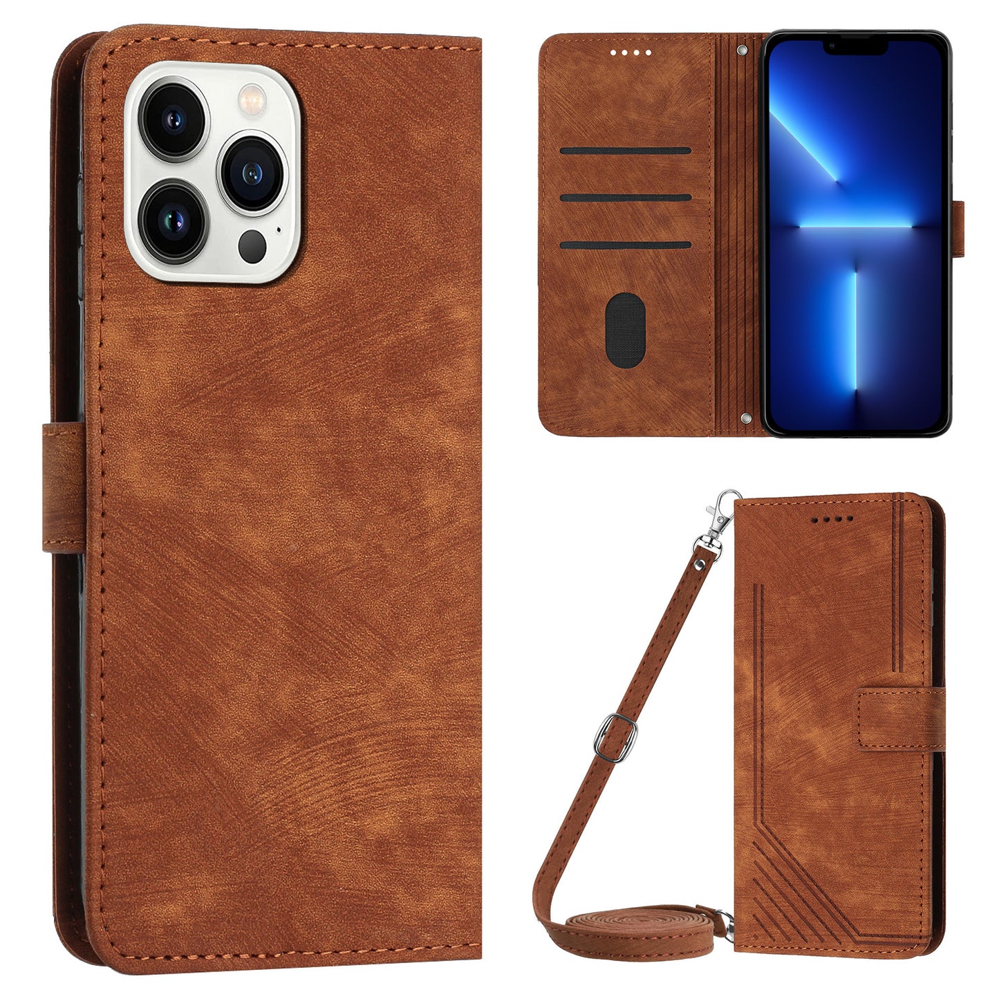 For iPhone 13 Pro 6.1 inch PU Leather Skin-touch Phone Case Lines Imprinted Wallet Stand Flip Cover