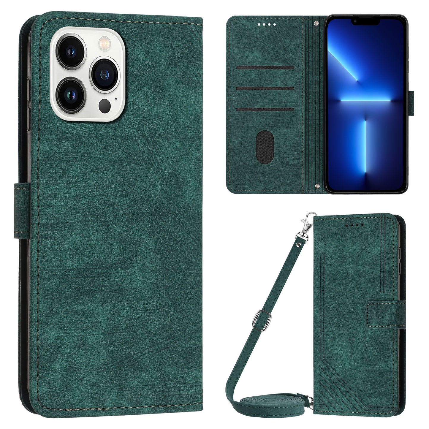For iPhone 13 Pro 6.1 inch PU Leather Skin-touch Phone Case Lines Imprinted Wallet Stand Flip Cover