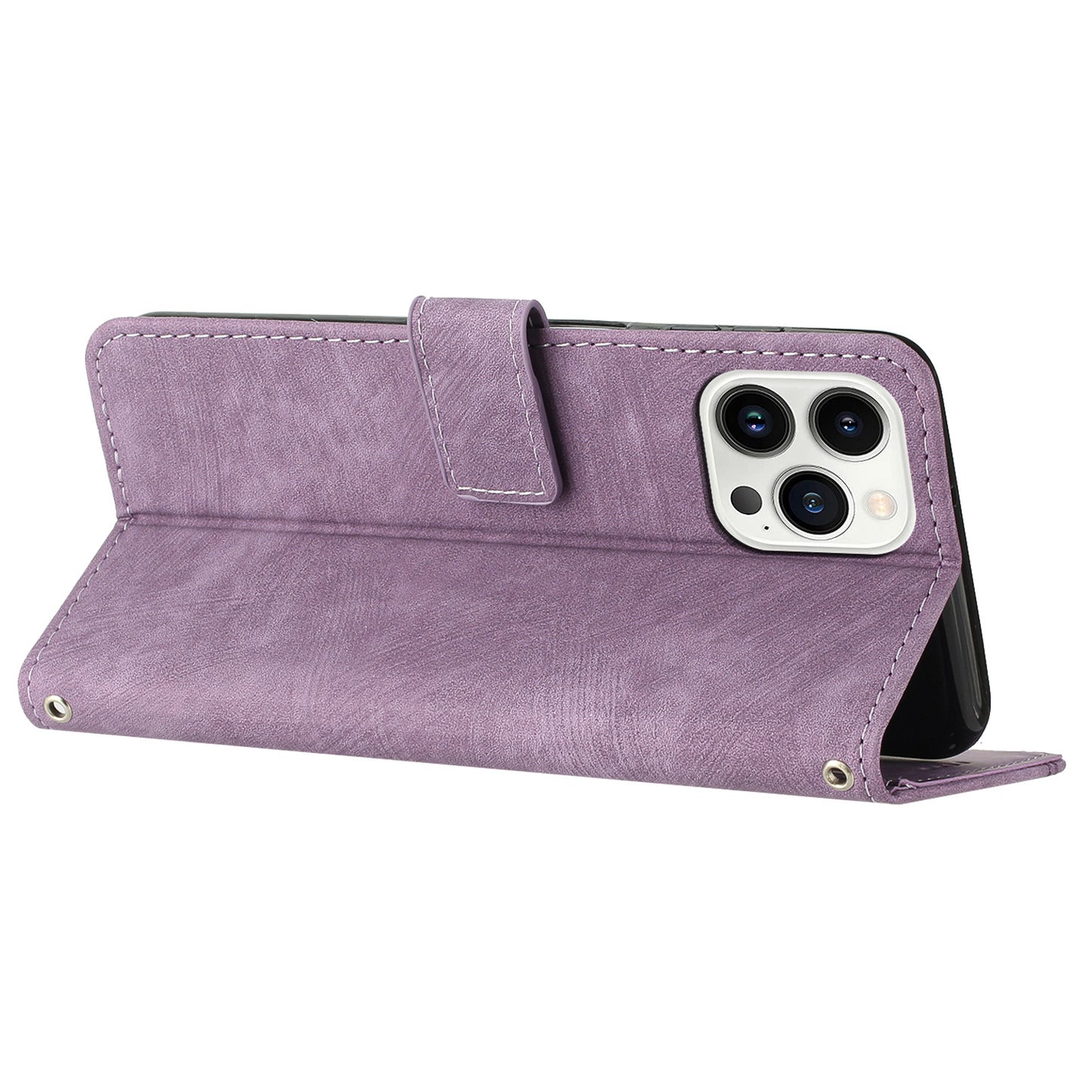 For iPhone 13 Pro 6.1 inch PU Leather Skin-touch Phone Case Lines Imprinted Wallet Stand Flip Cover