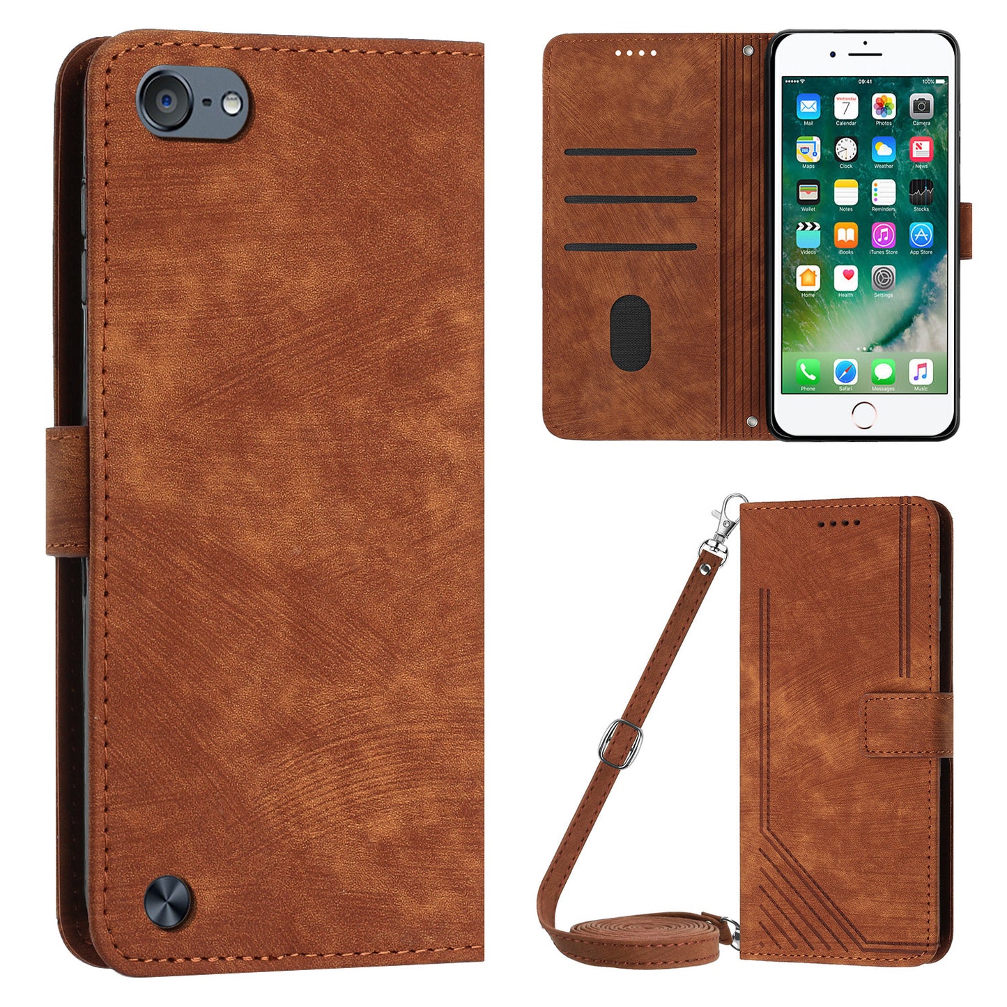 For iPod Touch (2019) / Touch 6 / Touch 5 Crossbody Wallet Case PU Leather Lines Imprinted Stand Phone Cover