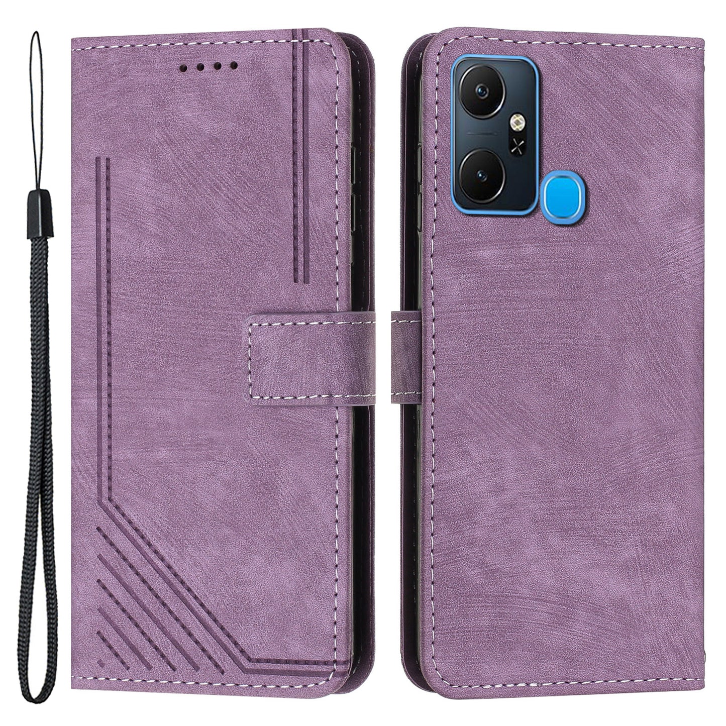 For Infinix Smart 6 Plus (India) 4G Leather Case Stand Wallet Lines Imprinted Skin-touch Phone Cover