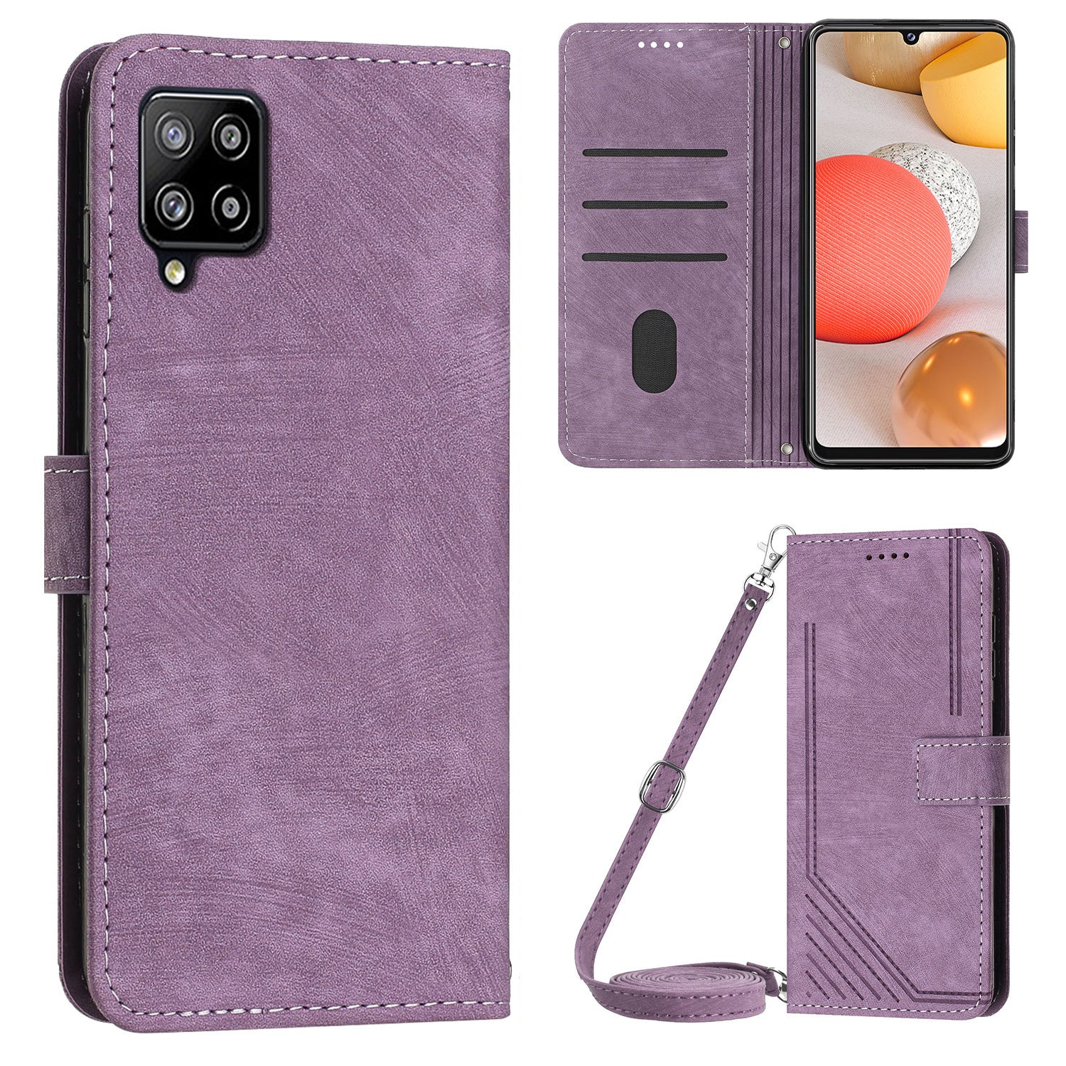 For Samsung Galaxy A42 5G / M42 5G Imprinted Lines Stand Phone Cover Wallet Case PU Leather Flip Shell