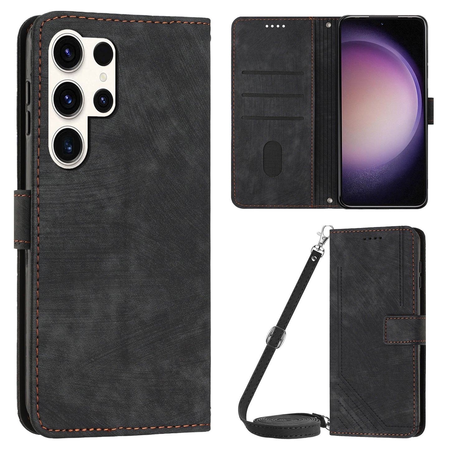 For Samsung Galaxy S23 Ultra Wallet Phone Case Crossbody PU Leather Stand Lines Imprinted Flip Cover