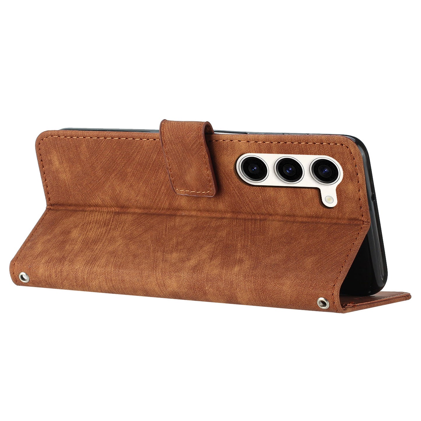 For Samsung Galaxy S23 PU Leather Wallet Folio Case Lines Imprinted Stand Phone Cover with Shoulder Strap