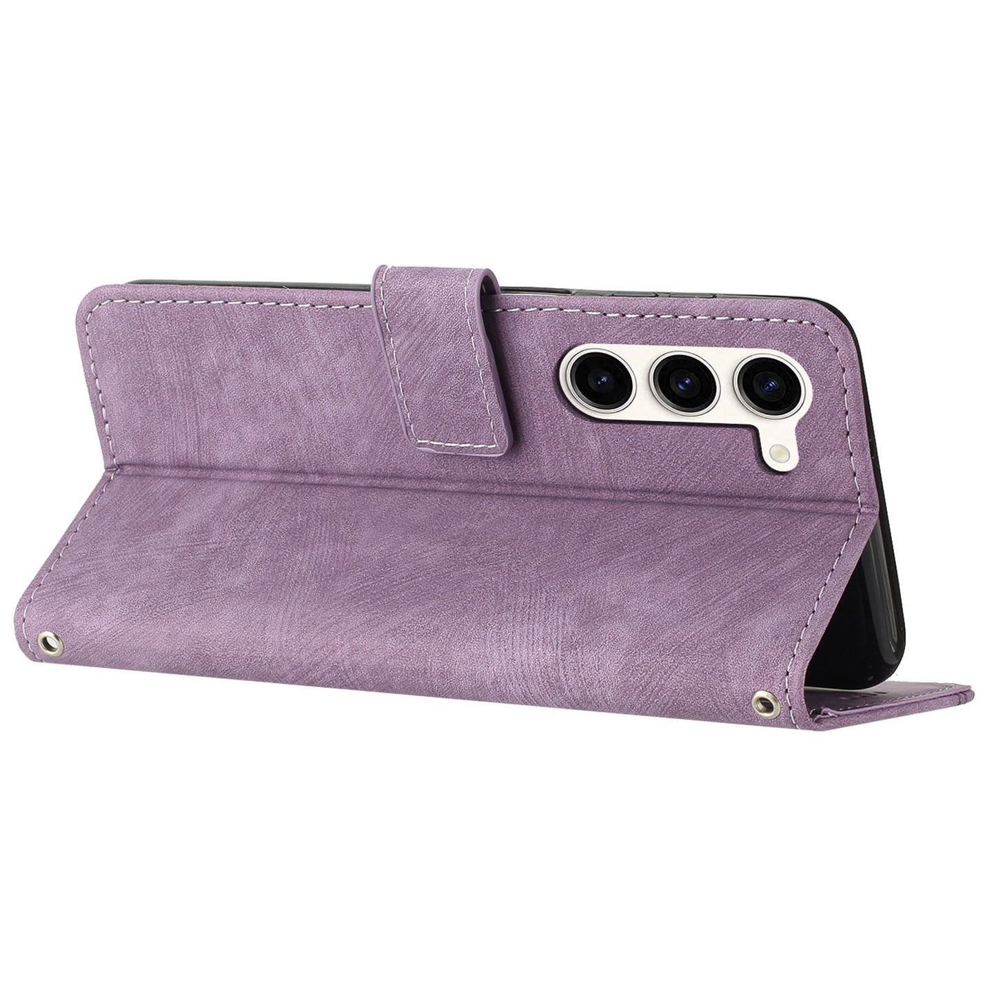 For Samsung Galaxy S23 PU Leather Wallet Folio Case Lines Imprinted Stand Phone Cover with Shoulder Strap