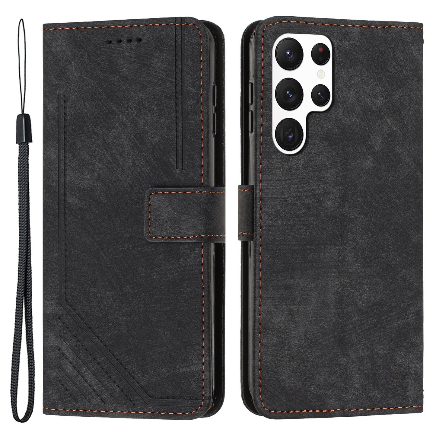 For Samsung Galaxy S22 Ultra 5G Anti-Drop Phone Case Skin-Touch Lines Imprinted PU Leather Wallet Cover